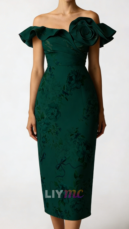 Off-Shoulder Ruffles Floral Printed Sheath Wedding Guest Dress