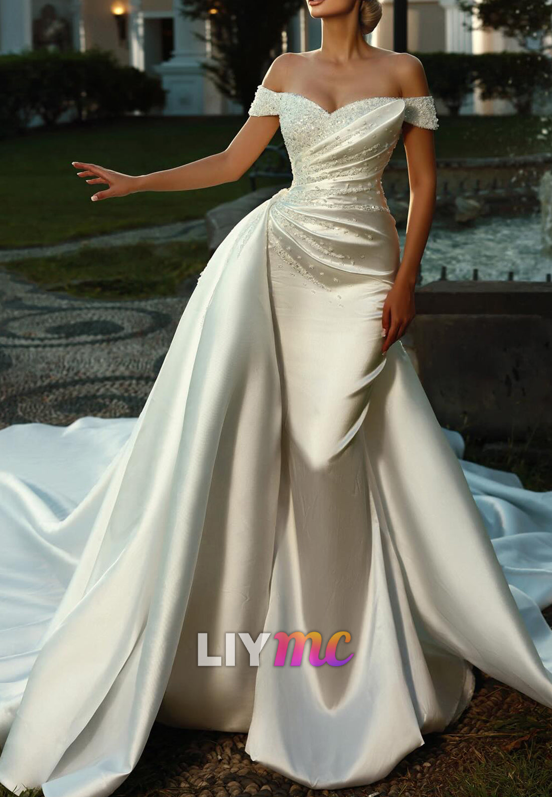 Off-Shoulder Satin Beaded Mermaid Wedding Dress