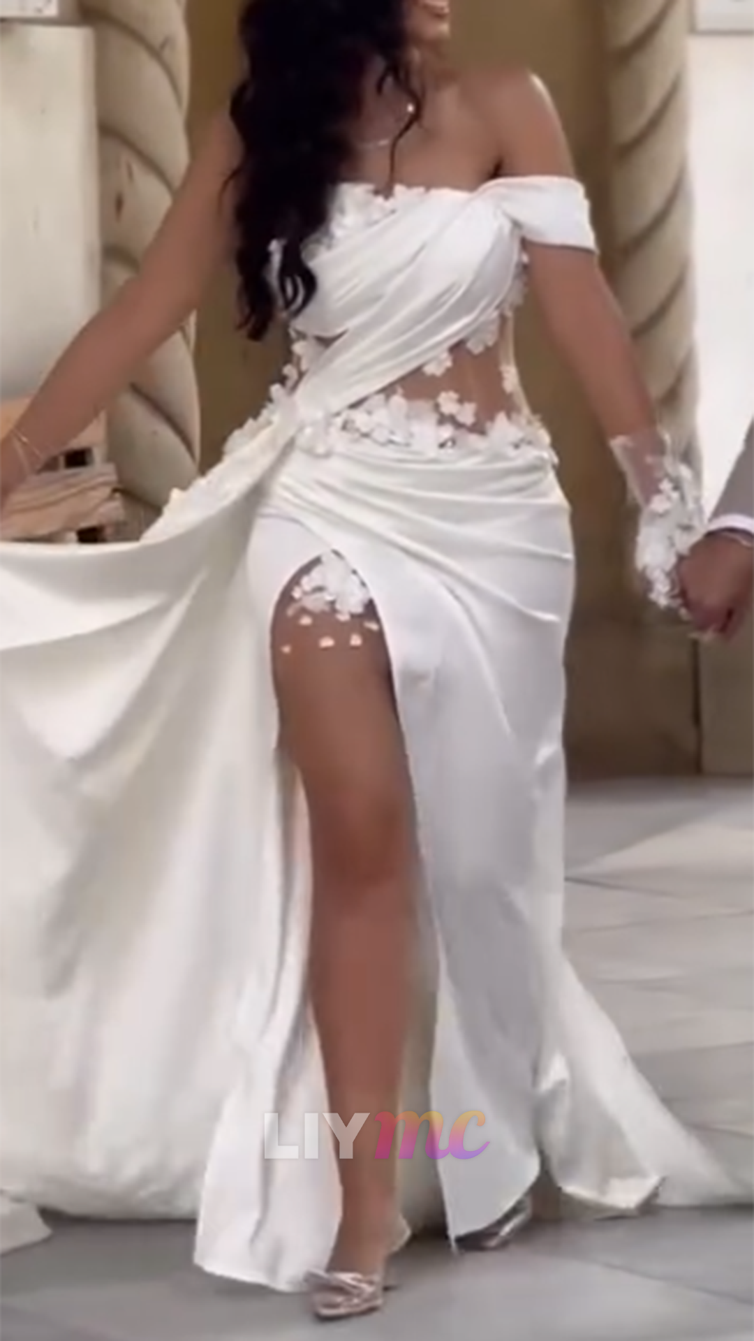 Off-Shoulder Satin Floral Embellished Sheath Wedding Dress