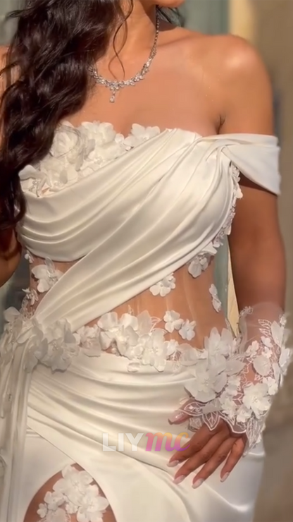 Off-Shoulder Satin Floral Embellished Sheath Wedding Dress