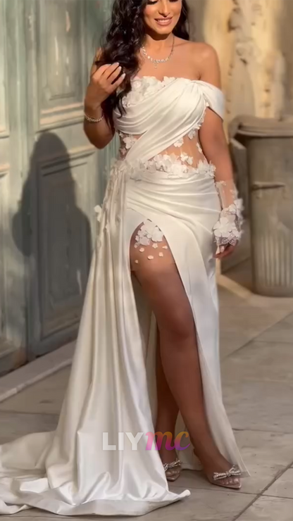 Off-Shoulder Satin Floral Embellished Sheath Wedding Dress