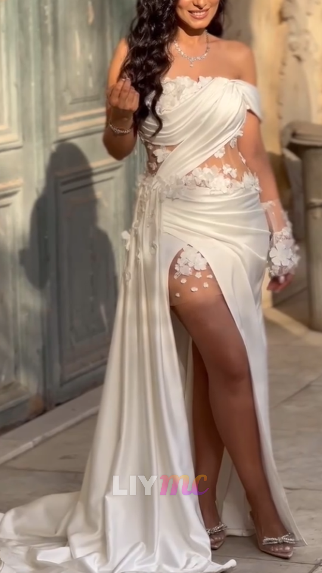 Off-Shoulder Satin Floral Embellished Sheath Wedding Dress