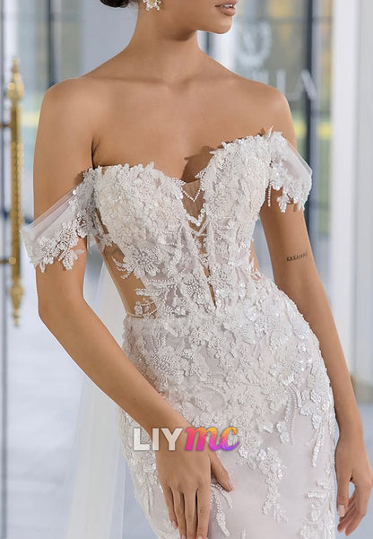 Off-Shoulder Sequins Appliques Mermaid Wedding Dress