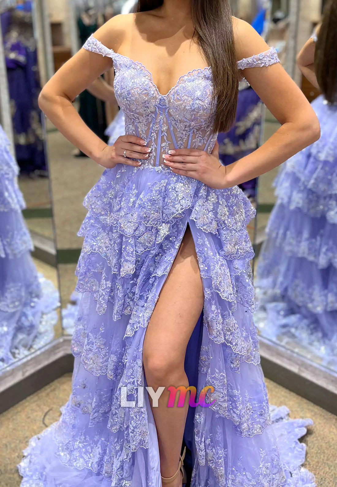 Off-Shoulder Sequins Appliques Tiered A-Line Prom Dress
