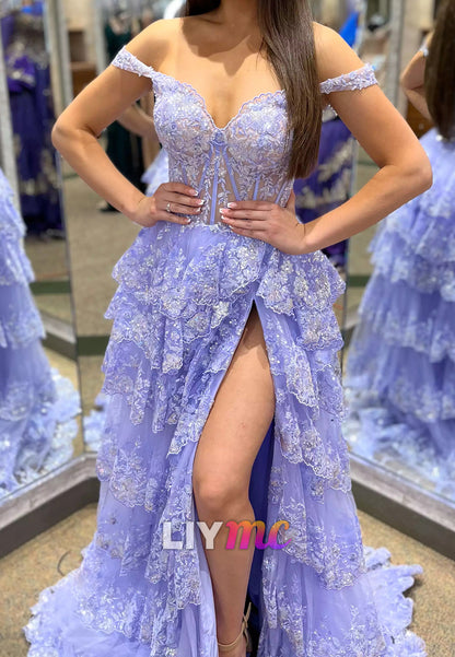 Off-Shoulder Sequins Appliques Tiered A-Line Prom Dress