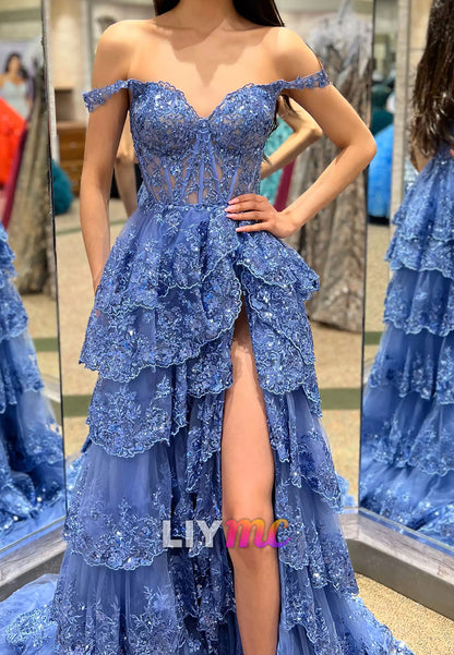 Off-Shoulder Sequins Appliques Tiered A-Line Prom Dress