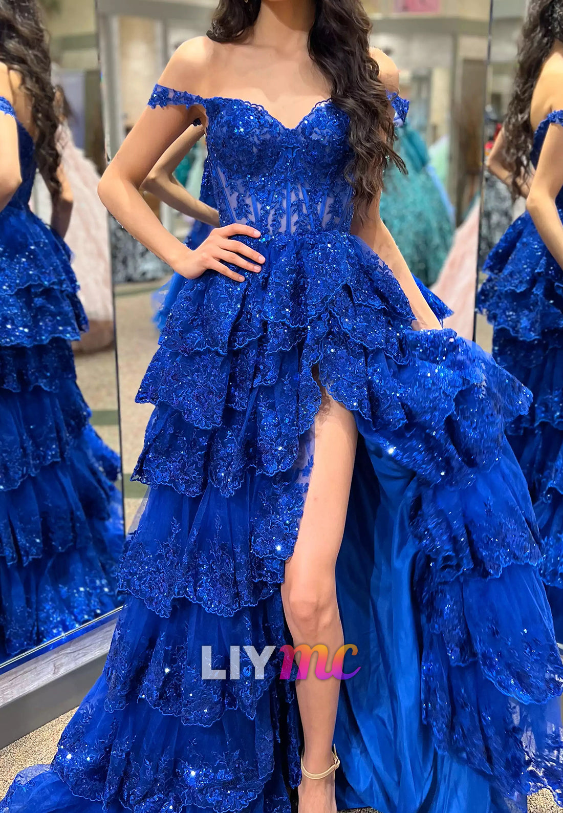 Off-Shoulder Sequins Appliques Tiered A-Line Prom Dress
