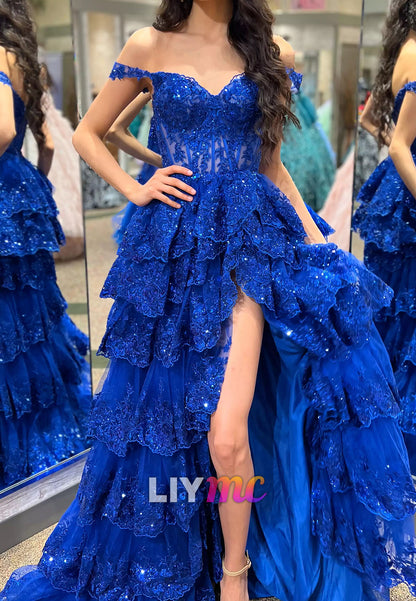 Off-Shoulder Sequins Appliques Tiered A-Line Prom Dress