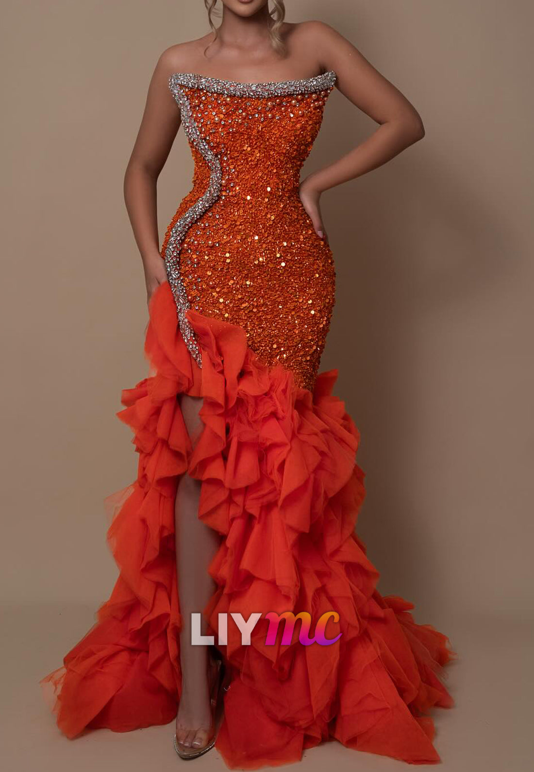 Off-Shoulder Sequins Beaded Ruffled Mermaid Prom Dress