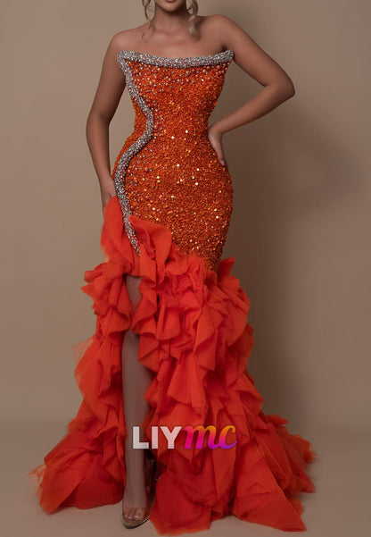 Off-Shoulder Sequins Beaded Ruffled Mermaid Prom Dress