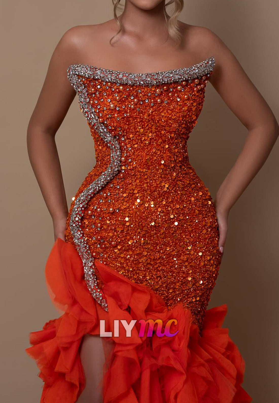 Off-Shoulder Sequins Beaded Ruffled Mermaid Prom Dress