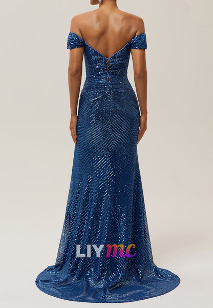 Off-Shoulder Sequins Side Slit Sheath Evening Dress