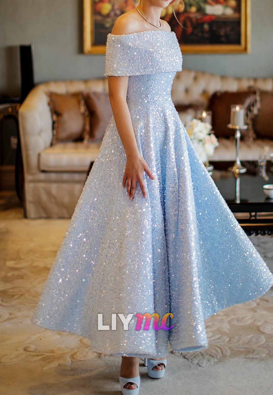 Off-Shoulder Sequins Sparkly Sleeveless A-Line Midi Prom Dress