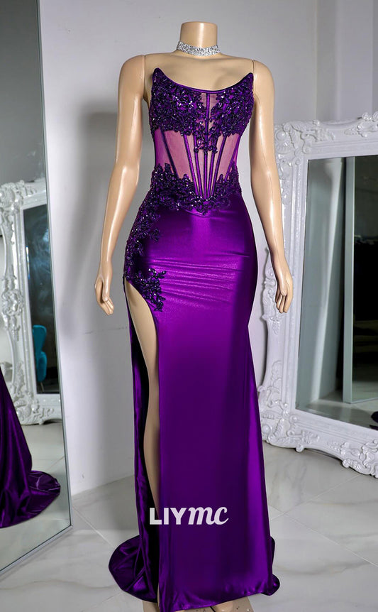 LP1420 - Off-Shoulder Sheer Appliques Sleek Satin High Slit Prom Dress for Black Girls Slay