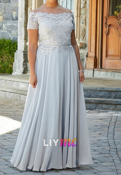Off-Shoulder Short Sleeves Appliques A-Line Mother of Bride Dress