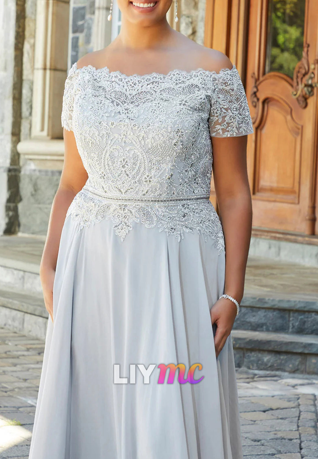 Off-Shoulder Short Sleeves Appliques A-Line Mother of Bride Dress
