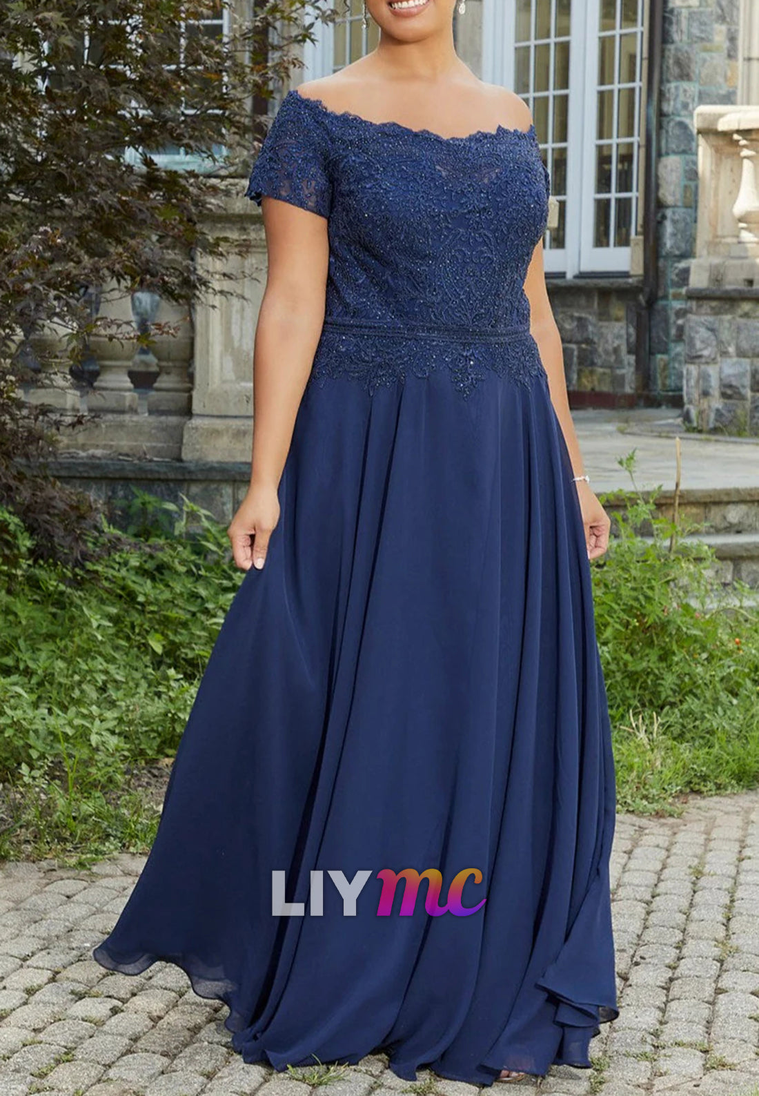 Off-Shoulder Short Sleeves Appliques A-Line Mother of Bride Dress