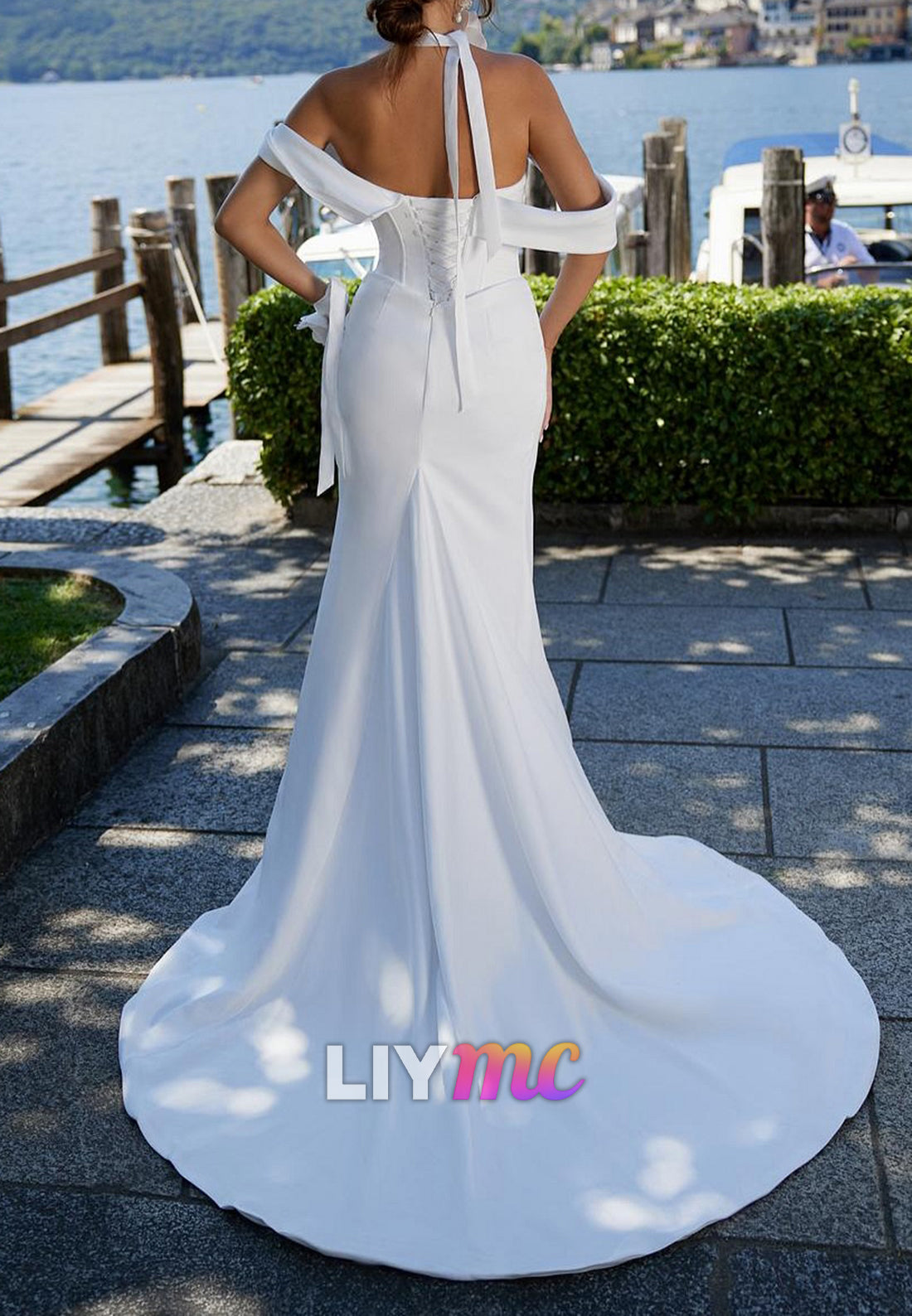 Off-Shoulder Side Slit Sleeveless Sheath Wedding Dress