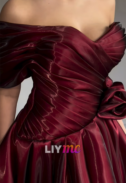 Off-Shoulder Sleek Pleated Cap Sleeves A-Line Prom Dress