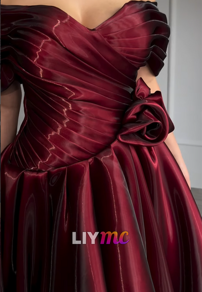 Off-Shoulder Sleek Pleated Cap Sleeves A-Line Prom Dress