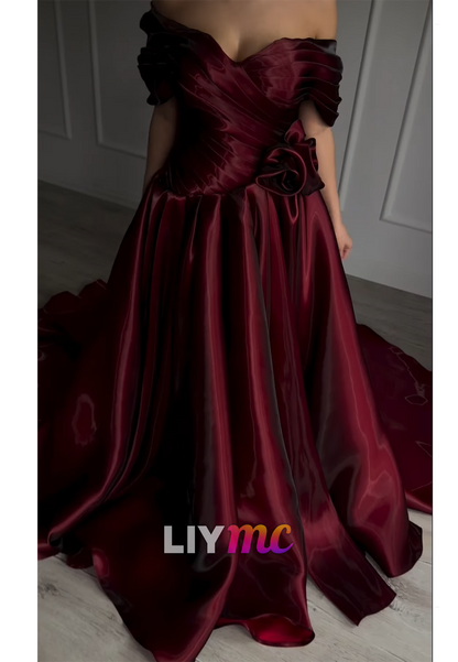 Off-Shoulder Sleek Pleated Cap Sleeves A-Line Prom Dress