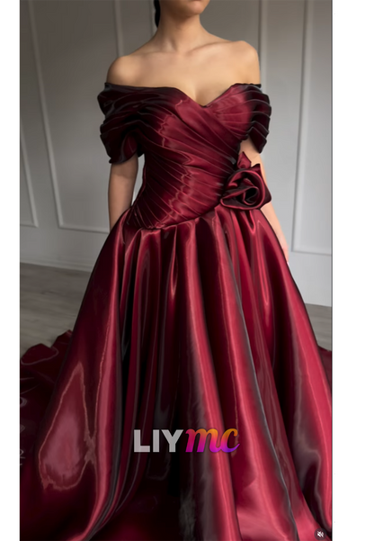 Off-Shoulder Sleek Pleated Cap Sleeves A-Line Prom Dress