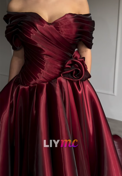 Off-Shoulder Sleek Pleated Cap Sleeves A-Line Prom Dress
