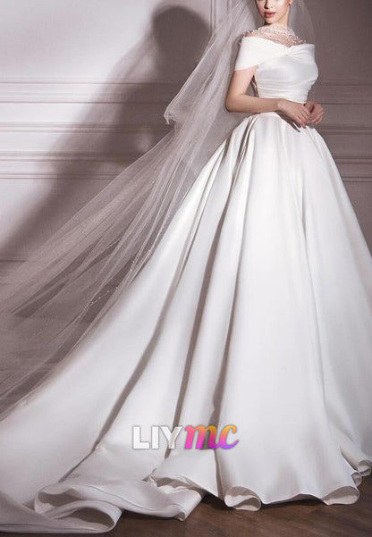 Off-Shoulder Sleek Satin Beading A-Line Wedding Dress