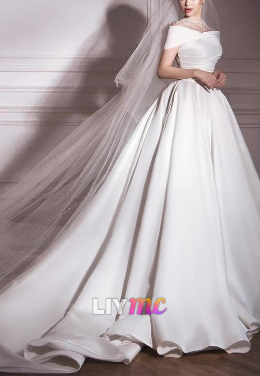 Off-Shoulder Sleek Satin Beading A-Line Wedding Dress