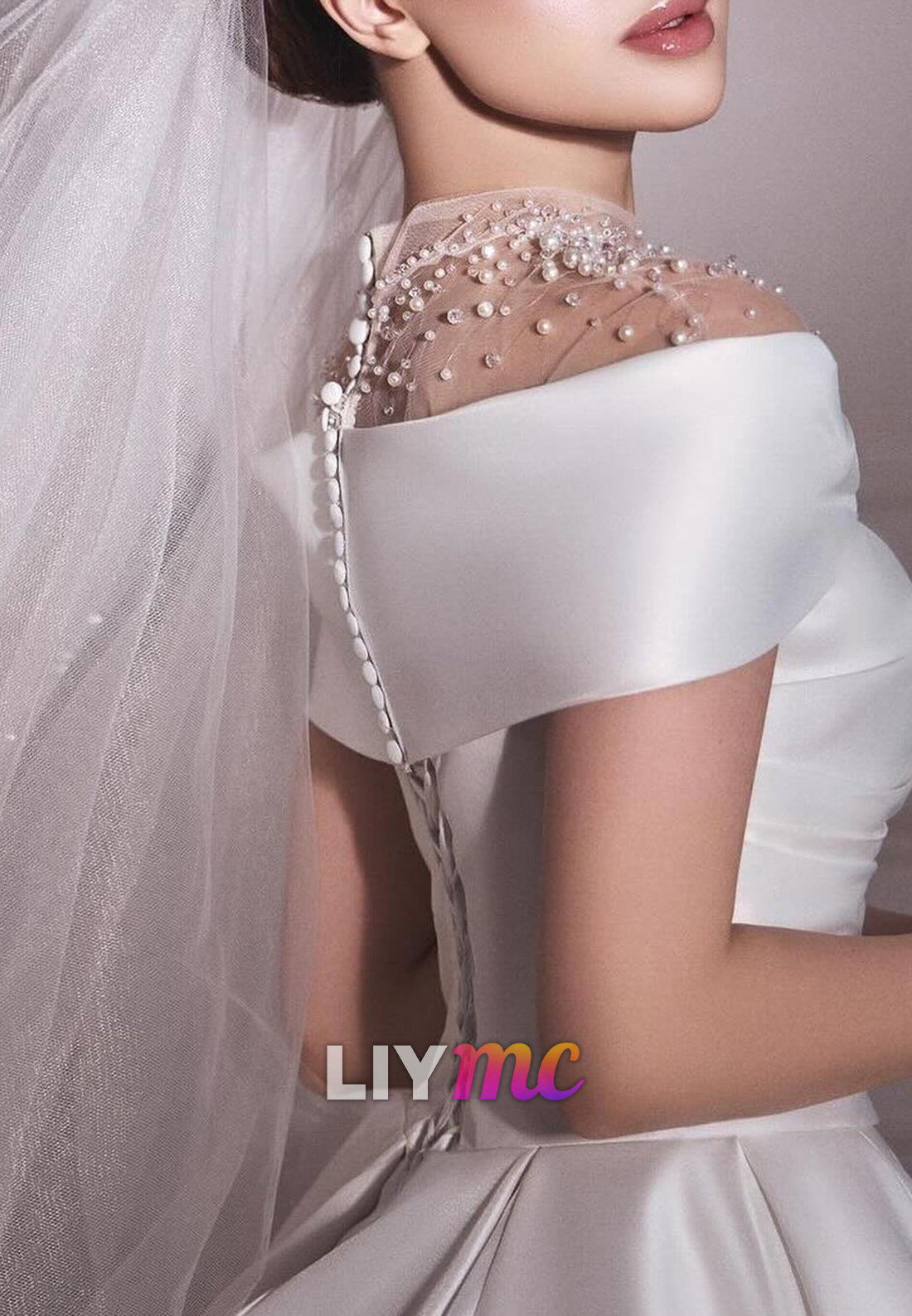 Off-Shoulder Sleek Satin Beading A-Line Wedding Dress