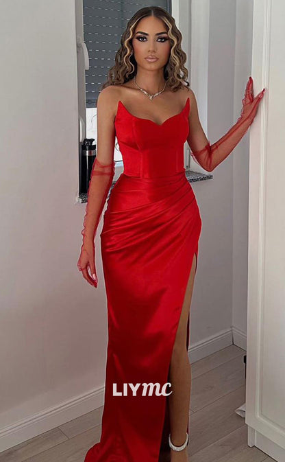 LP1805 - Off-Shoulder Sleek Satin Pleated High Slit Sexy Prom Dress