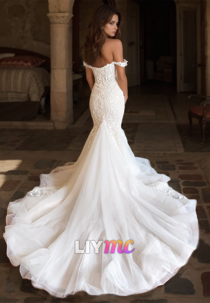 Off-Shoulder Sleeveless Appliques Mermaid Sweep Train Wedding Dress