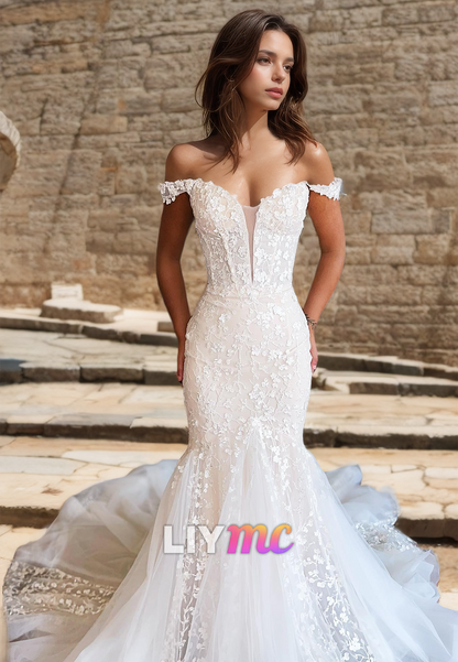 Off-Shoulder Sleeveless Appliques Mermaid Sweep Train Wedding Dress