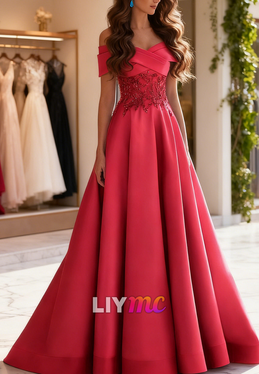 Off-Shoulder Sleeveless Appliques Satin A-Line Mother of Bride Dress