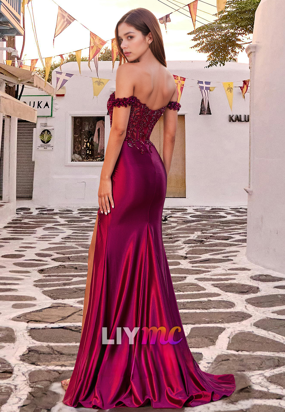 Off-Shoulder Sleeveless Appliques Side Slit Sheath Prom Dress