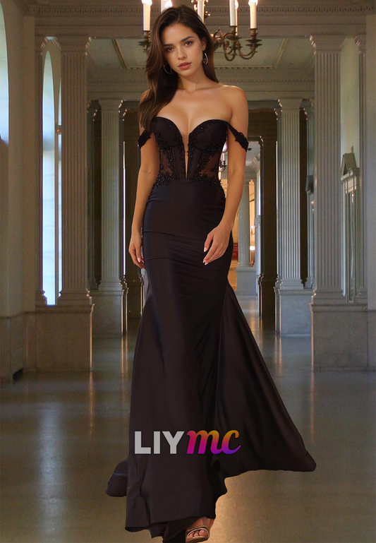 Off-Shoulder Sleeveless Appliques Sleek Mermaid Prom Dress