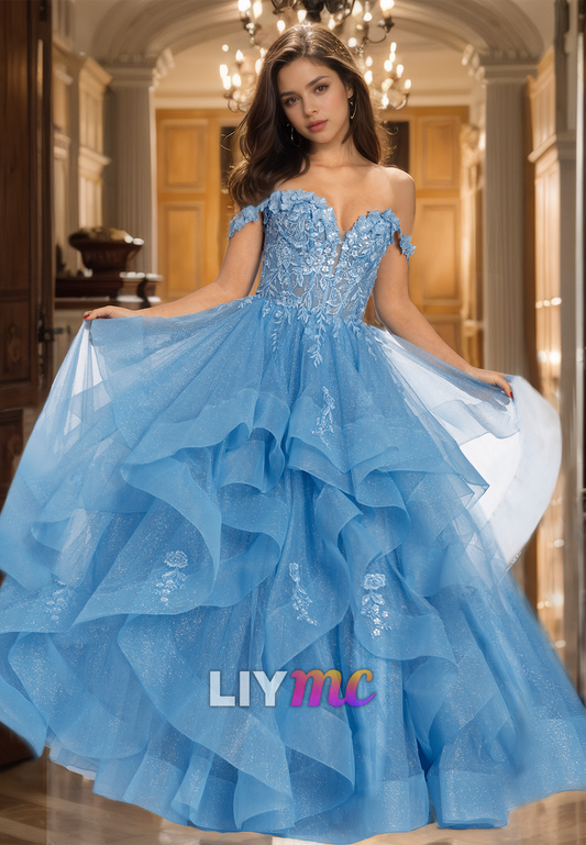 Off-Shoulder Sleeveless Appliques Tiered Ball Gown Prom Dress