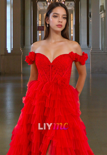 Off-Shoulder Sleeveless Appliques Tiered Tulle BallGown Prom Dress