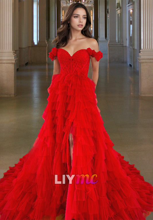 Off-Shoulder Sleeveless Appliques Tiered Tulle BallGown Prom Dress