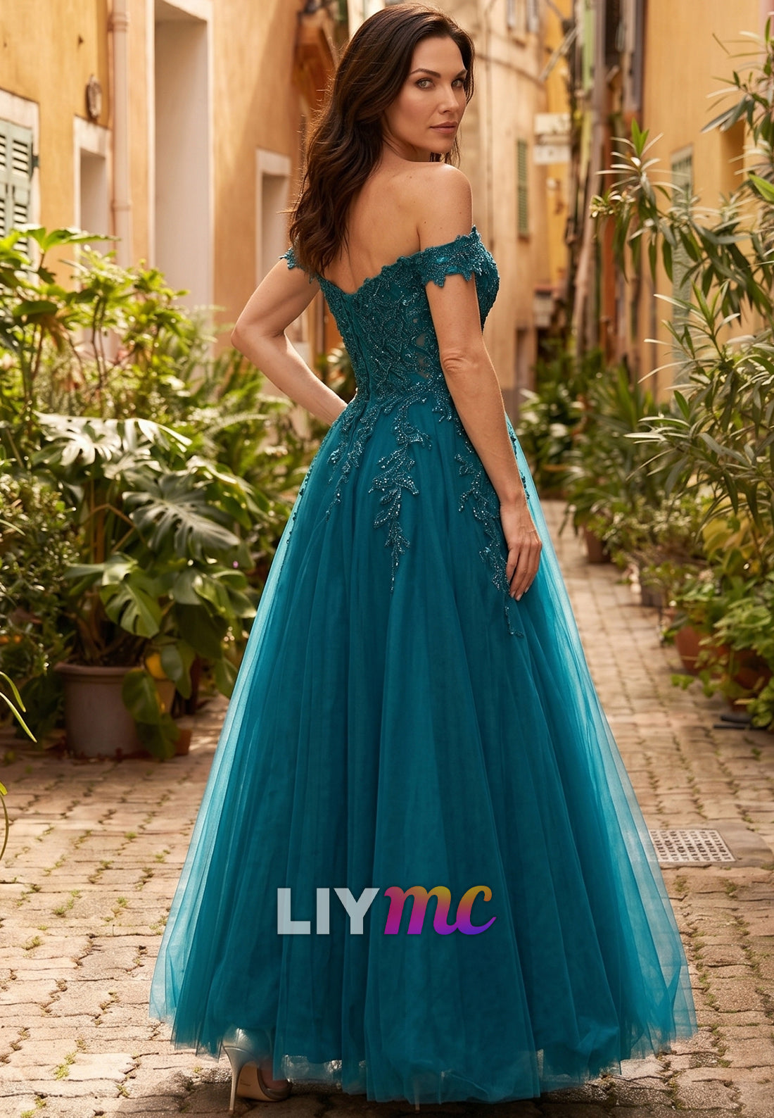 Off-Shoulder Sleeveless Appliques Tulle A-Line Evening Dress
