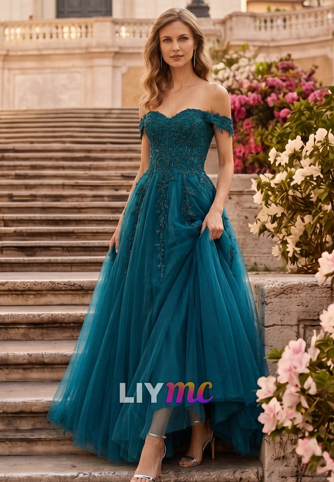 Off-Shoulder Sleeveless Appliques Tulle A-Line Evening Dress