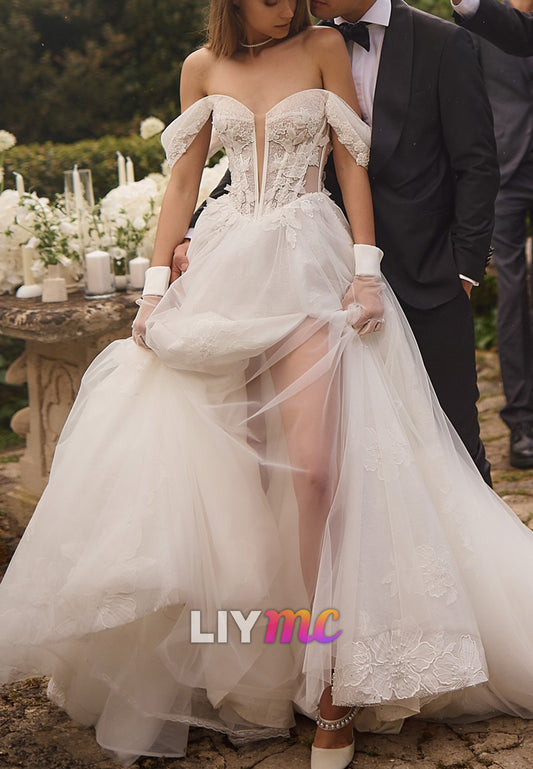Off-Shoulder Sleeveless Appliques Tulle A-Line Wedding Dress