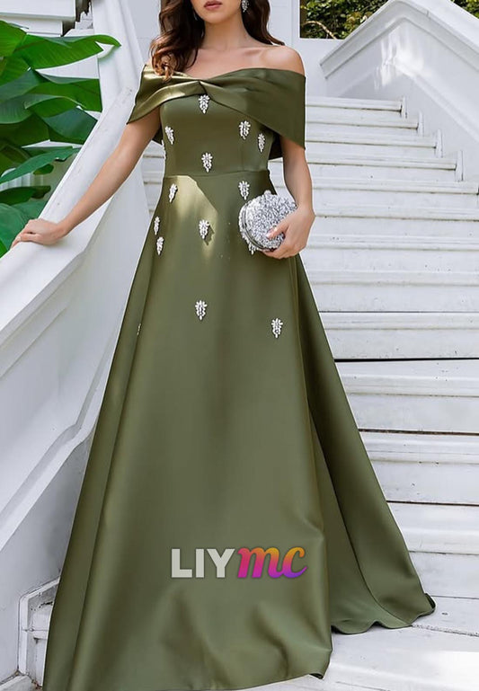Off-Shoulder Sleeveless Beaded A-Line Evening Dress