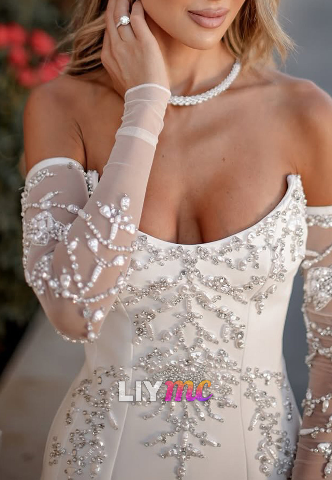 Off-Shoulder Sleeveless Beaded A-Line Satin Short Wedding Dress