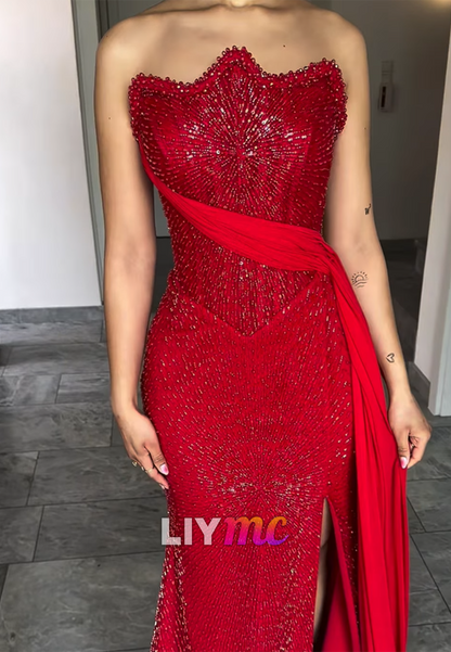 Off-Shoulder Sleeveless Beaded Embroidery Mermaid Prom Dress