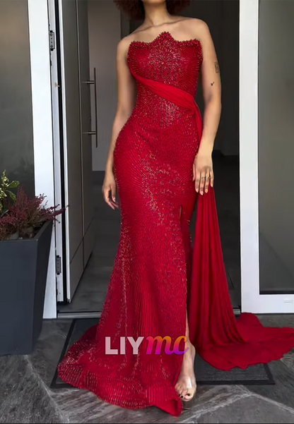 Off-Shoulder Sleeveless Beaded Embroidery Mermaid Prom Dress