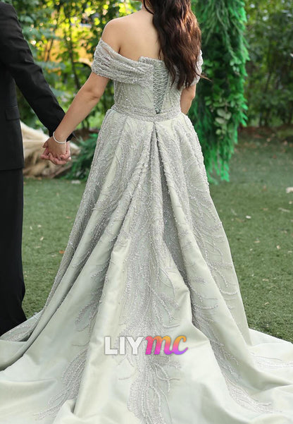 Off-Shoulder Sleeveless Beaded Embroidery Sheath Evening Dress