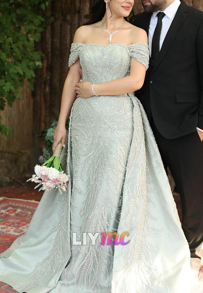 Off-Shoulder Sleeveless Beaded Embroidery Sheath Evening Dress