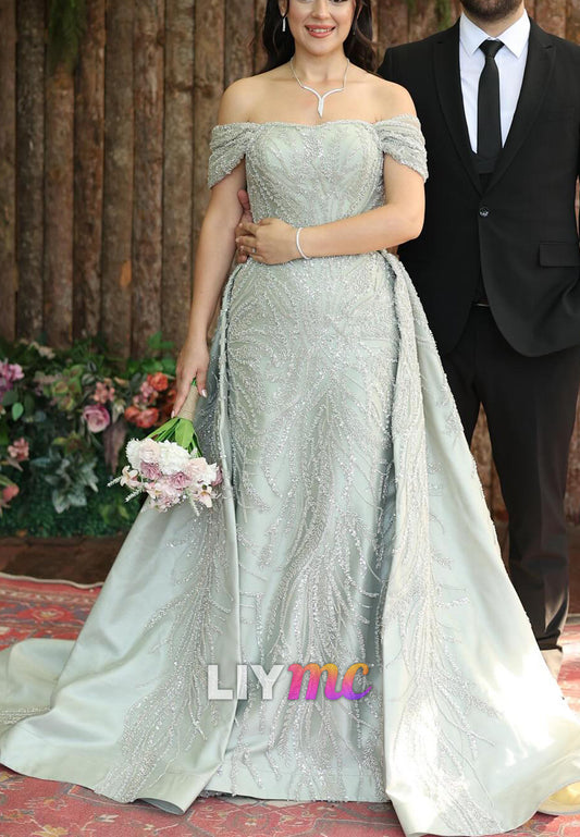 Off-Shoulder Sleeveless Beaded Embroidery Sheath Evening Dress