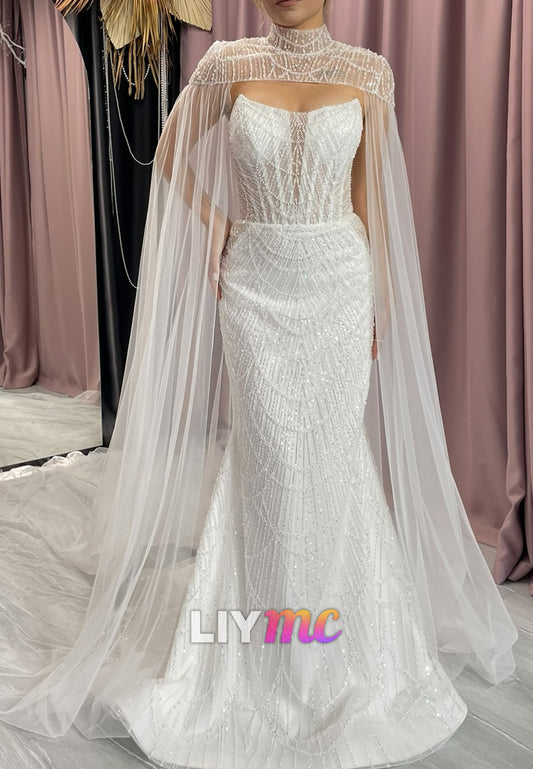 Off-Shoulder Sleeveless Beaded Embroidery Sparkly Mermaid Wedding Dress